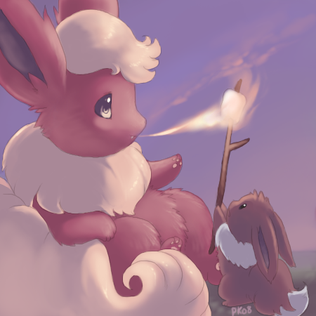 black_eyes breathing_fire commentary creature eevee fire flareon food gen_1_pokemon glitchedpuppet holding holding_stick looking_up lowres marshmallow no_humans outdoors pokemon_(creature) sky stick white_eyes