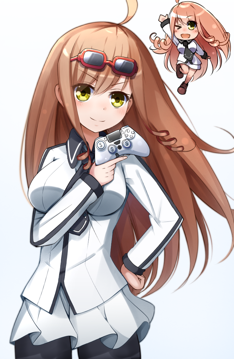 1girl blush character_request chibi controller d-frag! doria_(5073726) drill_hair dualshock eyewear_on_head game_controller gamepad joystick long_hair looking_at_viewer smile solo sunglasses twin_drills yellow_eyes