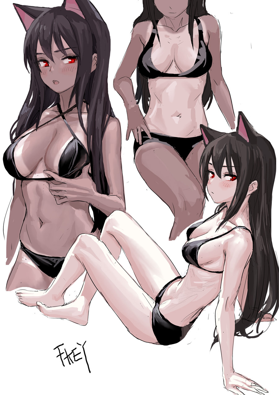 1girl animal_ears artist_name bare_arms bare_legs bare_shoulders barefoot bikini black_bikini black_hair blush breasts cat_ears collarbone commentary_request criss-cross_halter fkey full_body halterneck head_out_of_frame highres large_breasts leaning_back looking_at_viewer multiple_views navel open_mouth original red_eyes sidelocks simple_background sitting swimsuit tan tanline white_background
