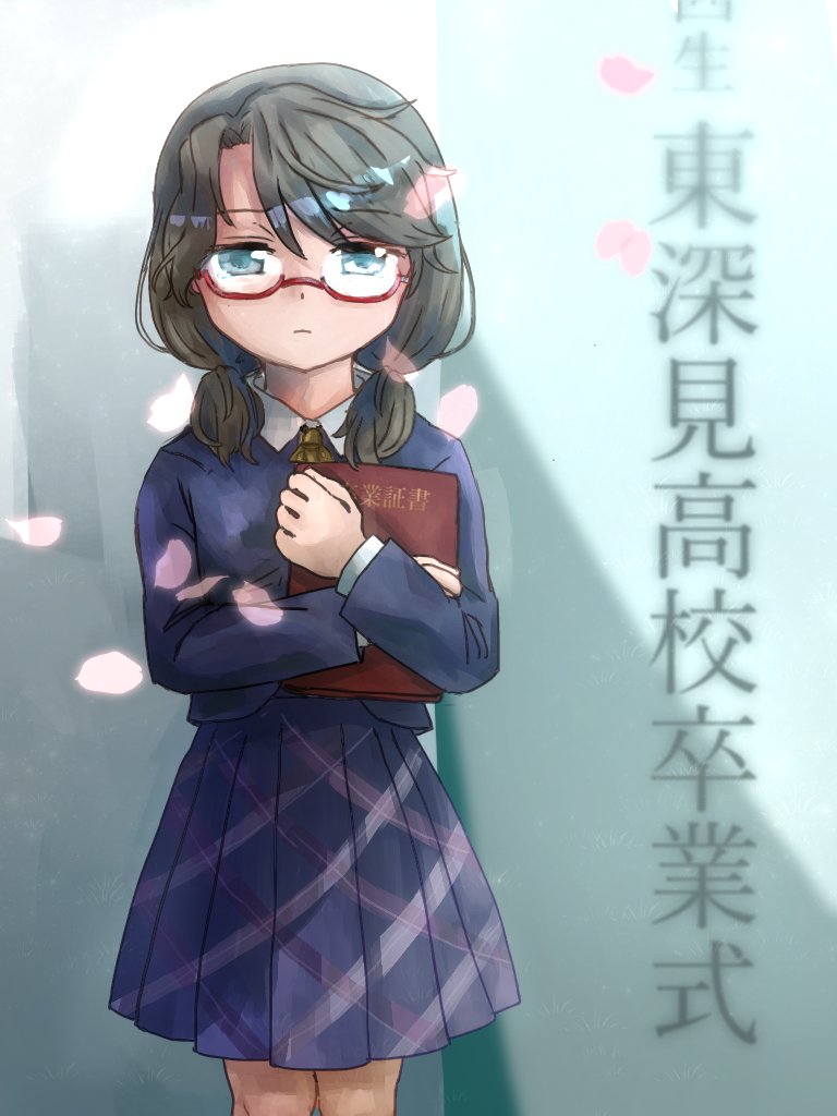 1girl alternate_costume asymmetrical_bangs bangs black_hair blue_jacket blue_skirt book cherry_blossoms closed_mouth commentary_request eyebrows_visible_through_hair feet_out_of_frame glasses grey_eyes holding holding_book jacket jitome light_frown long_sleeves looking_at_viewer low_twintails medium_skirt minus_(sr_mineka) necktie petals plaid plaid_skirt pleated_skirt school_uniform semi-rimless_eyewear shirt skirt solo standing touhou translation_request twintails usami_sumireko white_shirt yellow_neckwear