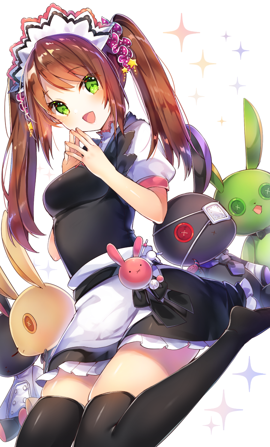 1girl :d apron bangs black_legwear blush breasts dutch_angle eyebrows_visible_through_hair genderswap green_eyes hair_between_eyes hands_clasped highres idolmaster idolmaster_side-m long_hair looking_at_viewer maid maid_apron maid_headdress medium_breasts mizushima_saki open_mouth own_hands_together puffy_sleeves sakofu simple_background sitting smile solo thigh-highs twintails wariza