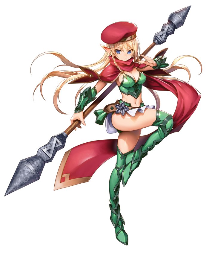 1girl alleyne_(queen's_blade) artist_request beret blonde_hair blue_eyes boots braid breasts cape cleavage elf hat long_hair medium_breasts midriff pointy_ears queen's_blade queen's_blade_unlimited side_braid solo thigh-highs weapon