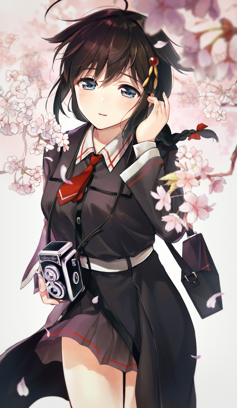 1girl ahoge bag bangs black_hair black_serafuku blue_eyes blush braid breasts buttons camera cherry_blossoms closed_mouth coat eyebrows_visible_through_hair floating_hair hair_between_eyes hair_flaps hair_ornament hair_over_shoulder hair_ribbon half-closed_eyes hand_up highres holding holding_camera kantai_collection long_hair necktie over_shoulder petals pleated_skirt red_neckwear remodel_(kantai_collection) ribbon school_uniform serafuku shigure_(kantai_collection) sidelocks single_braid skirt smile solo standing tareme thighs umakuchi_shouyu wind wind_lift