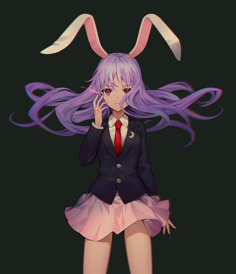 1girl animal_ears blazer chromatic_aberration closed_mouth collared_shirt crescent expressionless floating_hair glowing glowing_eye hand_up jacket lazuri7 long_hair long_sleeves looking_at_viewer miniskirt necktie pink_eyes pink_skirt purple_hair rabbit_ears red_neckwear reisen_udongein_inaba shirt skirt solo standing touhou wing_collar