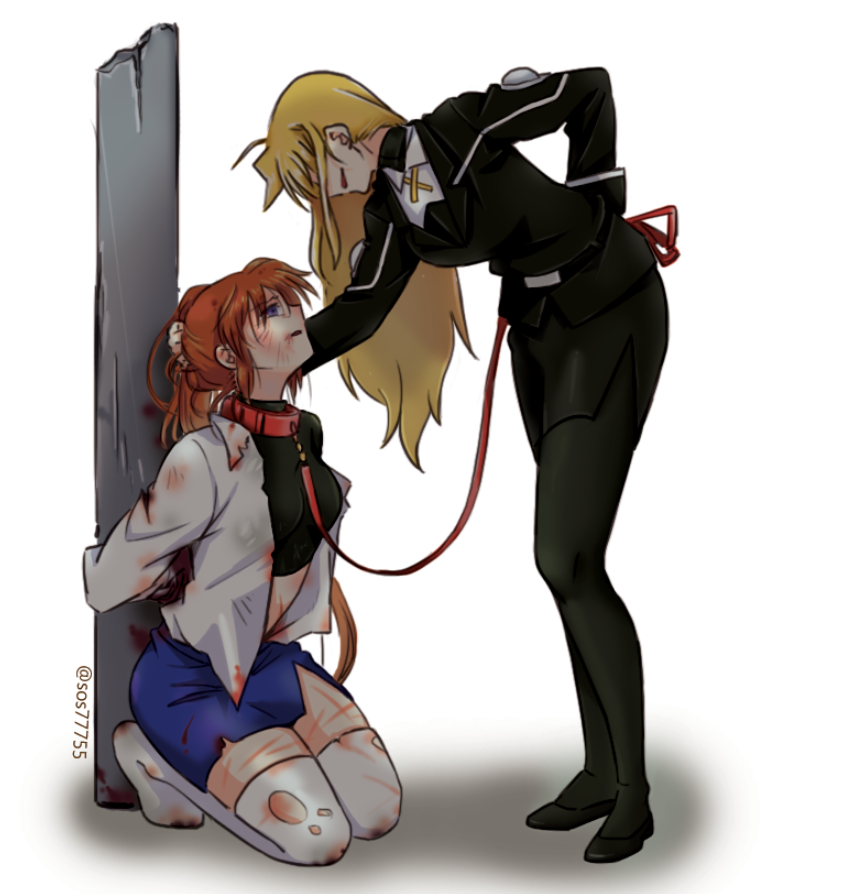 2girls bdsm black_tank_top blonde_hair blood bloody_clothes breasts brown_hair collar fate_testarossa kneeling leaning_forward leash lyrical_nanoha mahou_shoujo_lyrical_nanoha medium_breasts midriff multiple_girls pantyhose ponytail restrained skirt sos77755 takamachi_nanoha tank_top thigh-highs torn_clothes torn_legwear twitter_username white_background white_legwear yuri