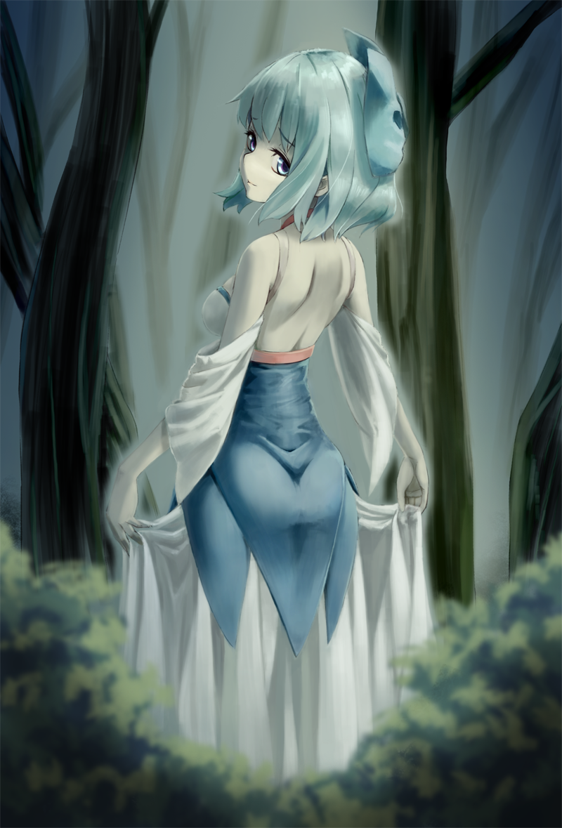 1girl adapted_costume alternate_breast_size babato back bare_shoulders blue_bow blue_dress blue_eyes blue_hair bow breasts cirno closed_mouth dress dress_lift from_behind hair_bow lifted_by_self light_smile looking_at_viewer looking_back medium_breasts outdoors solo standing touhou tree