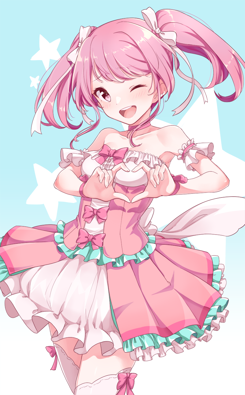 1girl ;d arm_garter bang_dream! bangs bare_shoulders blue_background bow cowboy_shot dress eyebrows_visible_through_hair frills gradient gradient_background hair_bow hair_ribbon heart heart_hands highres konnyaku_(kk-monmon) looking_at_viewer maruyama_aya one_eye_closed open_mouth pink_bow pink_dress pink_eyes pink_hair ribbon sidelocks smile solo star starry_background teeth thigh-highs twintails white_bow white_legwear white_ribbon