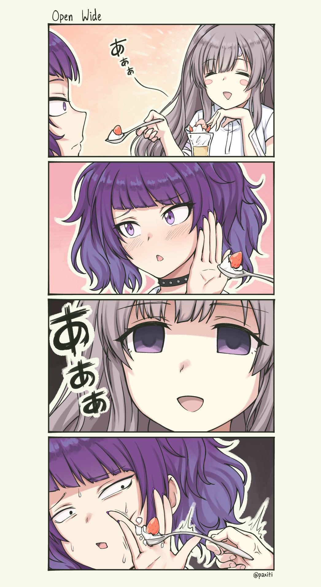 2girls 4koma :d anger_vein bandage bandaged_arm bandaid bandaid_on_face bandaid_on_forehead bangs between_fingers black_choker blunt_bangs blush blush_stickers choker close-up closed_eyes closed_mouth comic commentary_request dessert empty_eyes eyebrows_visible_through_hair feeding fingernails food force_feeding fruit glass grey_hair hand_on_own_chin hand_up highres holding holding_spoon idolmaster idolmaster_shiny_colors long_hair looking_at_another multiple_girls nail_polish open_mouth outline outstretched_hand parted_bangs pas_(paxiti) purple_hair purple_nails shaded_face shiny shiny_hair shirt short_hair short_sleeves sidelocks smile strawberry studded_choker sweat sweating_profusely tanaka_mamimi tareme trembling tsurime twintails violet_eyes whipped_cream white_outline white_shirt yuukoku_kiriko