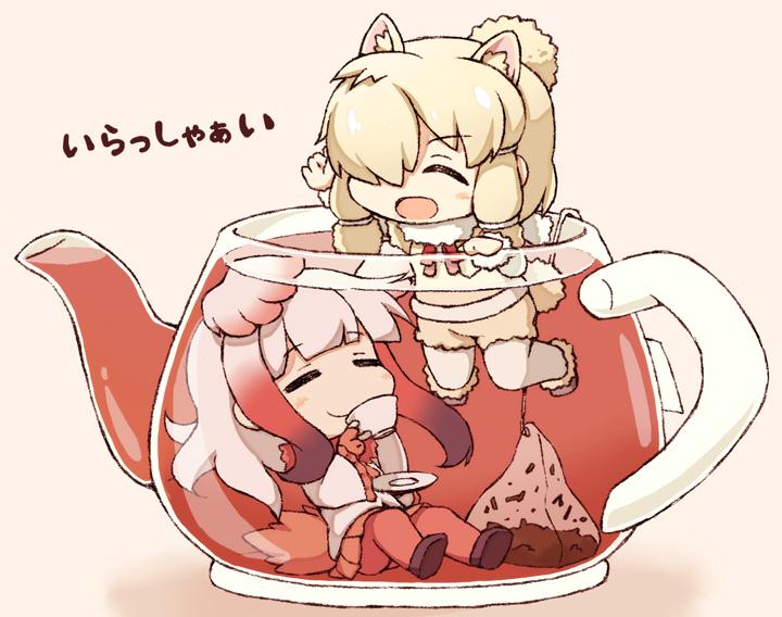 2girls alpaca_suri_(kemono_friends) animal_ears bangs black_footwear blonde_hair blunt_bangs closed_eyes cup drinking eyebrows_visible_through_hair hair_over_one_eye japanese_crested_ibis_(kemono_friends) kata_meguma kemono_friends long_sleeves multicolored_hair multiple_girls open_mouth red_legwear red_neckwear red_skirt redhead short_hair shorts sidelocks simple_background sitting skirt tail teabag teacup teapot thigh-highs white_hair wide_sleeves