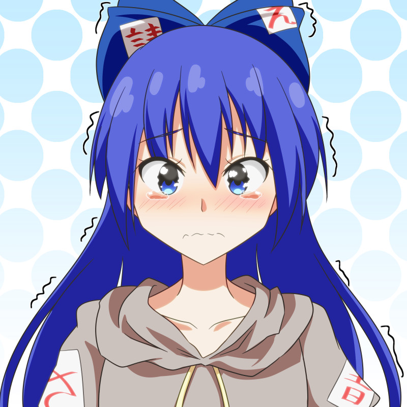 1girl blue_bow blue_eyes blue_hair blush bow cato_(monocatienus) collarbone commentary_request eyebrows_visible_through_hair grey_hoodie hair_between_eyes hair_bow hood hood_down long_hair looking_at_viewer polka_dot polka_dot_background solo tearing_up tears touhou trembling upper_body wavy_mouth yorigami_shion