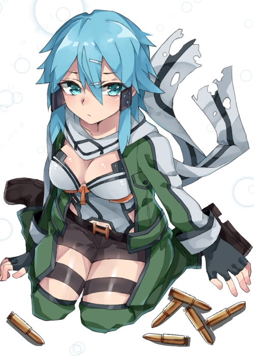 1girl aasu_(mhgbh510) aqua_eyes black_shorts blue_hair breasts closed_mouth commentary_request eyebrows_visible_through_hair green_jacket hair_ornament hairclip jacket long_sleeves looking_at_viewer looking_up medium_breasts scarf shinon_(sao) shiny shiny_hair shiny_skin short_hair short_hair_with_long_locks shorts simple_background sitting solo sword_art_online wariza white_background