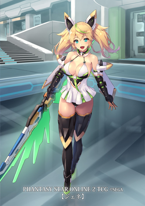 1girl bangs bare_shoulders blonde_hair breasts cleavage commentary copyright_name cuboon dress elbow_gloves eyebrows_visible_through_hair full_body gene_(pso2) gloves green_hair hair_ornament holding holding_sword holding_weapon indoors large_breasts looking_at_viewer microdress multicolored_hair official_art open_mouth phantasy_star phantasy_star_online_2 smile solo standing sword thigh-highs twintails weapon