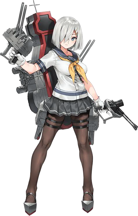 1girl black_legwear blue_eyes breasts dual_wielding gloves hair_ornament hair_over_one_eye hairclip hamakaze_(kantai_collection) kantai_collection large_breasts machinery official_art paseri pleated_skirt school_uniform serafuku short_hair silver_hair skirt transparent_background white_gloves
