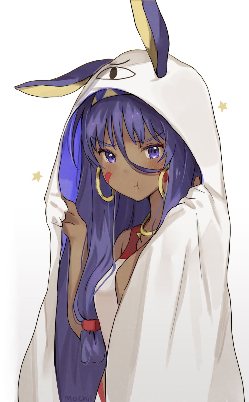 1girl :t animal_ears artist_name blue_eyes blue_hair blush breasts facial_mark fate/grand_order fate_(series) hair_between_eyes highres medium_breasts mochii nitocris_(fate/grand_order) nitocris_(swimsuit_assassin)_(fate) rabbit_ears solo tan_skin white_background