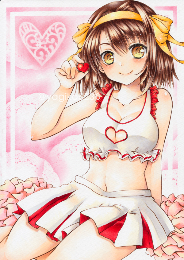 1girl alternate_costume arm_behind_back arm_support bangs bare_arms bare_legs bare_shoulders breasts brown_hair cheerleader cleavage cleavage_cutout closed_mouth colored_pencil_(medium) crop_top frills hairband hand_up heart holding looking_at_viewer marker_(medium) medium_hair midriff navel parted_bangs pleated_skirt pom_poms sitting skirt sleeveless smile solo stomach suzumiya_haruhi suzumiya_haruhi_no_yuuutsu traditional_media watermark yellow_eyes yuuna_katsumi