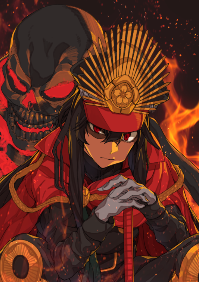 1girl black_hair cape erere fate/grand_order fate_(series) fire gloves hands_on_hilt hat long_hair military_hat oda_nobunaga_(fate) red_eyes sitting skeleton white_gloves