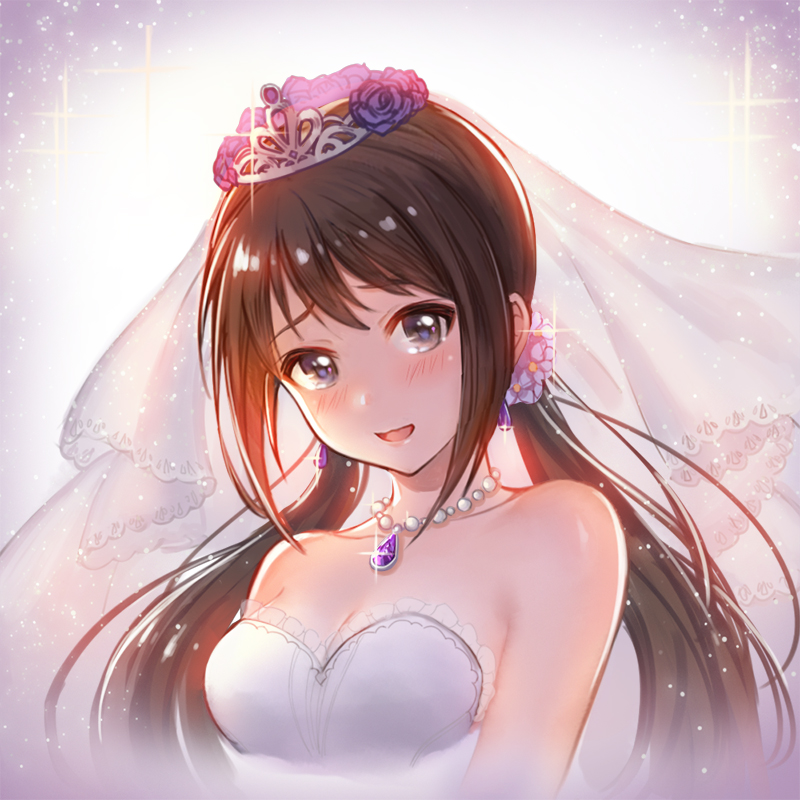 1girl ] black_hair blush breasts bridal_veil bride brown_eyes dress idolmaster idolmaster_cinderella_girls jewelry long_hair medium_breasts nakano_yuka necklace open_mouth pearl_necklace redamon smile solo strapless strapless_dress tiara twintails veil wedding_dress white_dress