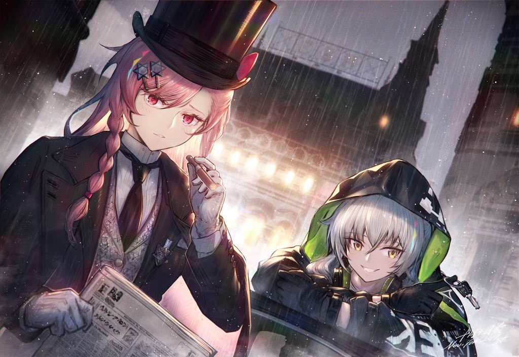 2girls aek-999_(girls_frontline) alternate_costume badge bangs black_jacket black_neckwear blush bow braid buttons cigar city_lights cityscape clothes_writing collared_shirt girls_frontline gloves grey_hair hair_ornament hair_over_shoulder hairclip hat headphones headphones_around_neck heiwari_kanade hexagram holding holding_cigar hood hooded_jacket jacket key leaning_on_object light long_hair looking_at_viewer multiple_girls necktie negev_(girls_frontline) newspaper night open_clothes open_jacket parted_lips pink_hair rain red_bow red_eyes shirt sidelocks signature silver_hair smile star_of_david striped striped_shirt swirling top_hat vest white_gloves white_shirt yellow_eyes