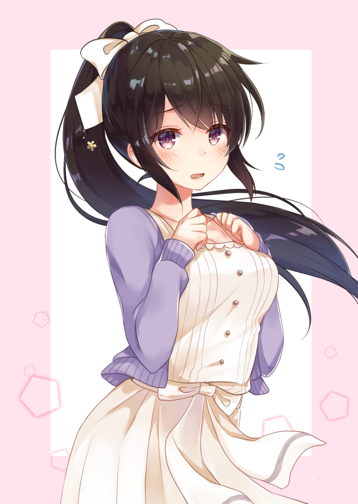 1girl badminton_girls bangs black_hair blush bow cardigan dress eyebrows_visible_through_hair floating_hair flying_sweatdrops gomano_rio hair_bow hands_up long_hair looking_at_viewer official_art open_cardigan open_clothes open_mouth ponytail sidelocks solo violet_eyes white_bow white_dress