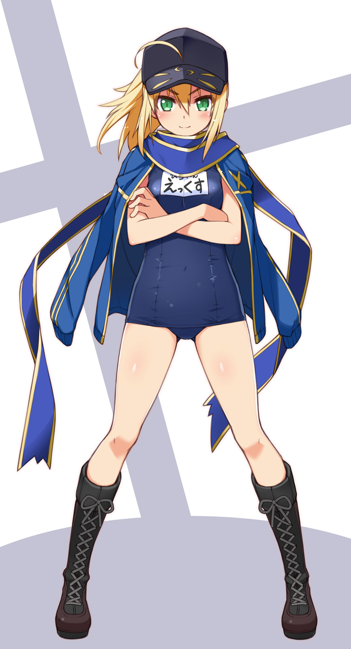 1girl ahoge artoria_pendragon_(all) baseball_cap blonde_hair blue_jacket blue_scarf blue_swimsuit boots commentary_request cross-laced_footwear crossed_arms full_body gluteal_fold green_eyes haga_yui hair_between_eyes hair_through_headwear hat highres jacket jacket_on_shoulders knee_boots legs_apart long_hair looking_at_viewer mysterious_heroine_x name_tag one-piece_swimsuit rojiura_satsuki:_chapter_heroine_sanctuary scarf school_swimsuit simple_background smile solo standing swimsuit track_jacket v-shaped_eyebrows