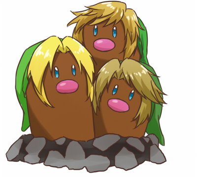 alolan_dugtrio annotated aqua_eyes bangs beanie blonde_hair commentary commentary_request creature dugtrio fusion green_hat hat link lowres multiple_persona no_humans parted_bangs pokemon pokemon_(creature) rophy sidelocks simple_background solo swept_bangs the_legend_of_zelda the_legend_of_zelda:_ocarina_of_time the_legend_of_zelda:_skyward_sword the_legend_of_zelda:_twilight_princess white_background