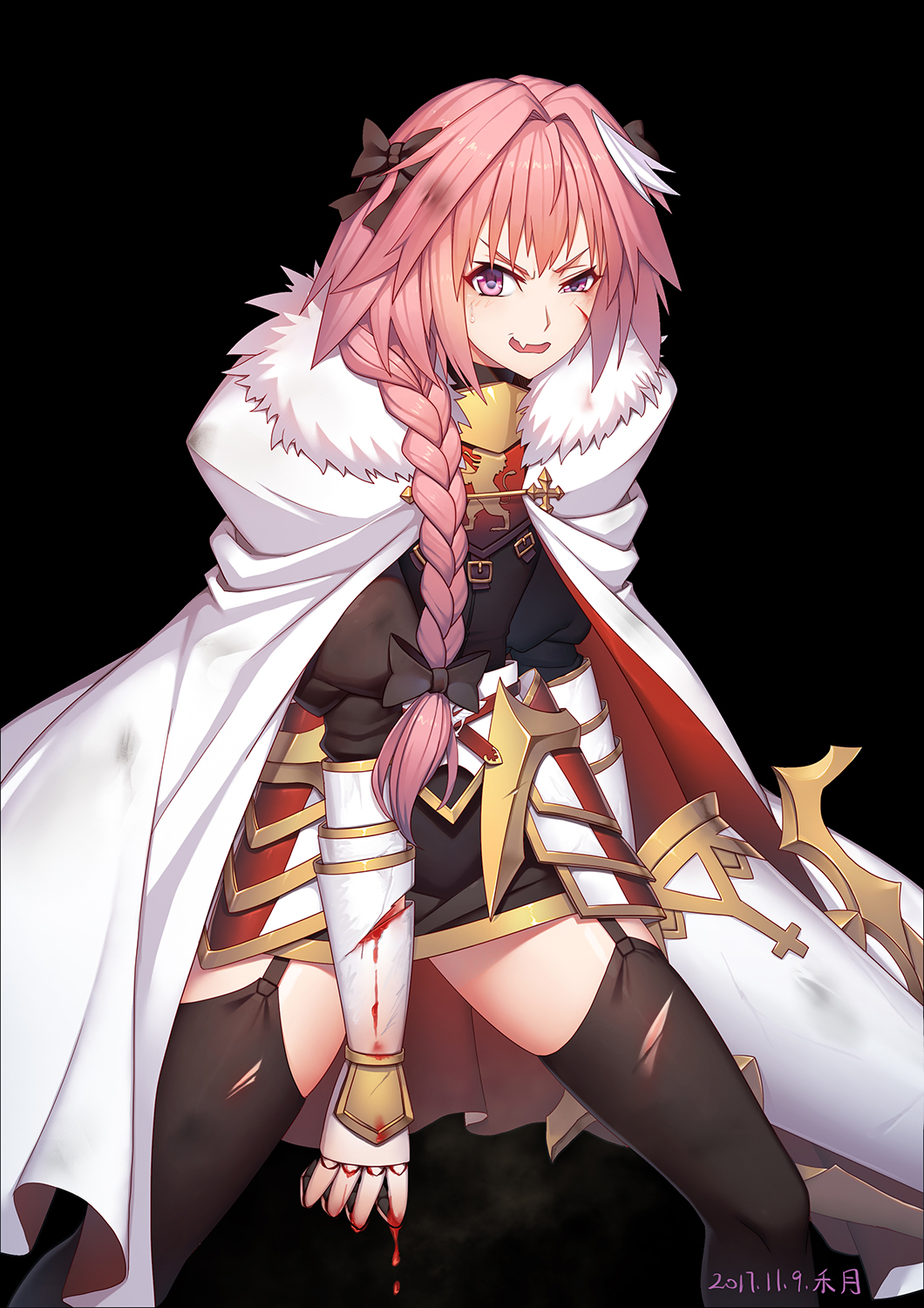 1boy :d armor astolfo_(fate) bangs black_background black_bow black_gloves black_legwear black_shirt black_skirt bleeding blood bloody_clothes bloody_hands blush bow braid broken_armor buckle commentary_request dated dripping emblem eyelashes fang fate/apocrypha fate_(series) faulds fur-trimmed_cloak fur_collar gauntlets gloves gold_trim gorget hair_bow hair_intakes hair_over_shoulder highres holding holding_lance holding_weapon injury lance leaning_forward legs_apart long_hair long_sleeves looking_at_viewer male_focus miniskirt multicolored_hair open_mouth pink_hair polearm puffy_long_sleeves puffy_sleeves shirt simple_background single_braid skindentation skirt smile solo standing streaked_hair sweatdrop thigh-highs torn_clothes torn_thighhighs translation_request trap ttheyue two-tone_hair uneven_eyes v-shaped_eyebrows violet_eyes weapon white_cloak white_hair wince zettai_ryouiki