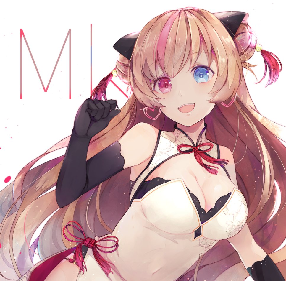 1girl ahoge alternate_costume bangs bare_shoulders black_bra black_gloves black_panties blue_eyes blush bra breasts brown_hair character_name china_dress chinese_clothes cleavage clenched_hand covered_navel double_bun dress earrings elbow_gloves eyebrows_visible_through_hair girls_frontline gloves hair_between_eyes hair_ornament hand_up heart heart_earrings heterochromia jewelry large_breasts light_particles long_hair looking_at_viewer mk_23_(girls_frontline) multicolored_hair open_mouth panties red_eyes side_slit simple_background smile solo sparkle streaked_hair tassel underwear very_long_hair white_background yellow_eyes yuizayomiya