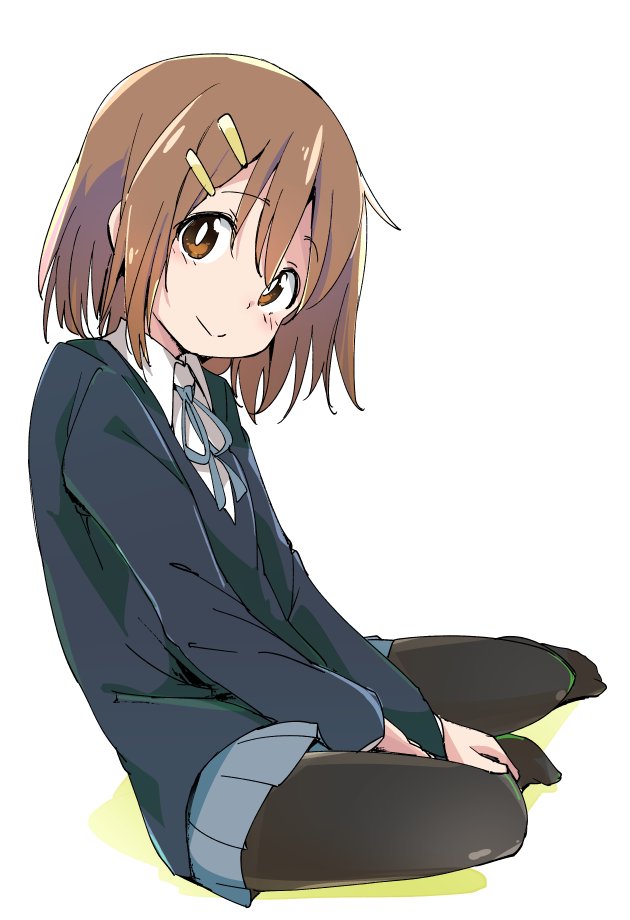 1girl black_legwear blazer blue_skirt brown_eyes brown_hair full_body hirasawa_yui ixy jacket k-on! looking_at_viewer pantyhose pleated_skirt round_teeth school_uniform simple_background sitting skirt solo teeth white_background yokozuwari