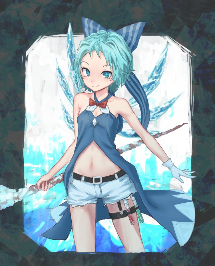 1girl adapted_costume aqua_eyes aqua_hair bangs bare_shoulders blue_bow bow bowtie breasts buckle chemicals cirno closed_mouth commentary_request eyebrows_visible_through_hair eyelashes forehead gloves groin hair_bow halter_dress holding holding_staff ice ice_wings light_smile looking_at_viewer navel parted_bangs red_neckwear roke_(taikodon) short_hair short_shorts shorts single_glove small_breasts solo staff standing stomach striped striped_bow test_tube thigh_pouch thigh_strap touhou white_gloves white_shorts wings