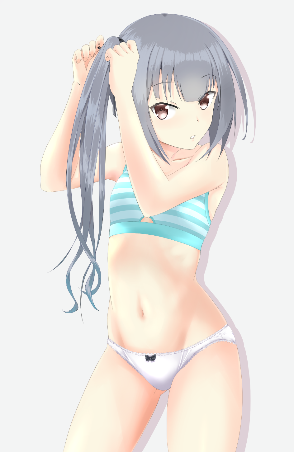 1girl adjusting_hair bangs bow bow_panties bra breasts brown_eyes commentary_request cowboy_shot eyebrows_visible_through_hair gluteal_fold green_bra grey_background grey_hair hair_ribbon highres kantai_collection kasumi_(kantai_collection) kumatama_tkm lace lace-trimmed_panties long_hair looking_at_viewer panties parted_lips ribbon side_ponytail silver_hair small_breasts solo striped striped_bra training_bra underwear underwear_only white_panties