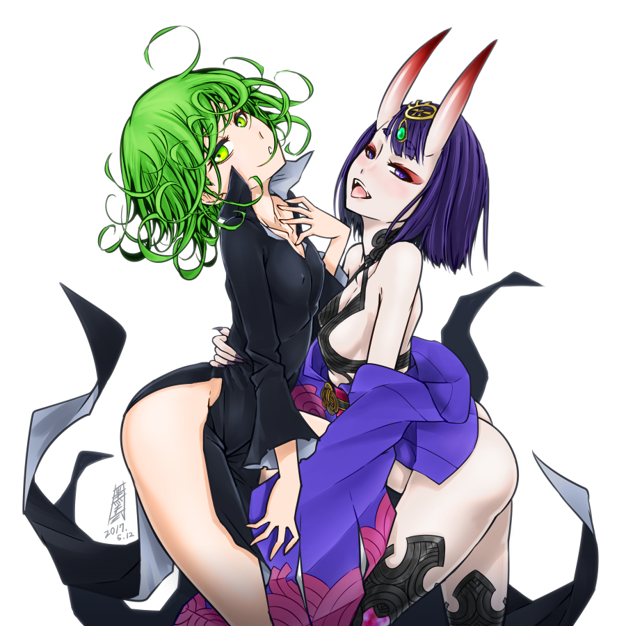 2girls antaria arched_back ass bangs bare_shoulders black_dress blush breasts collarbone crossover curly_hair dress erect_nipples fate/grand_order fate_(series) green_eyes green_hair horns japanese_clothes jewelry kimono looking_at_viewer multiple_girls nipples no_panties off_shoulder one-punch_man oni oni_horns open_clothes open_kimono purple_hair purple_kimono revealing_clothes short_hair shuten_douji_(fate/grand_order) sideboob simple_background small_breasts smile tatsumaki violet_eyes white_background yuri