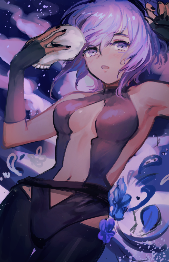 1girl armpits backless_outfit bare_shoulders black_nails blush breasts dark_skin fate/grand_order fate_(series) fingerless_gloves flower gloves halterneck hassan_of_serenity_(fate) k_(sktchblg) looking_at_viewer mask midriff nail_polish navel open_mouth purple_hair short_hair skin_tight skull_mask solo violet_eyes