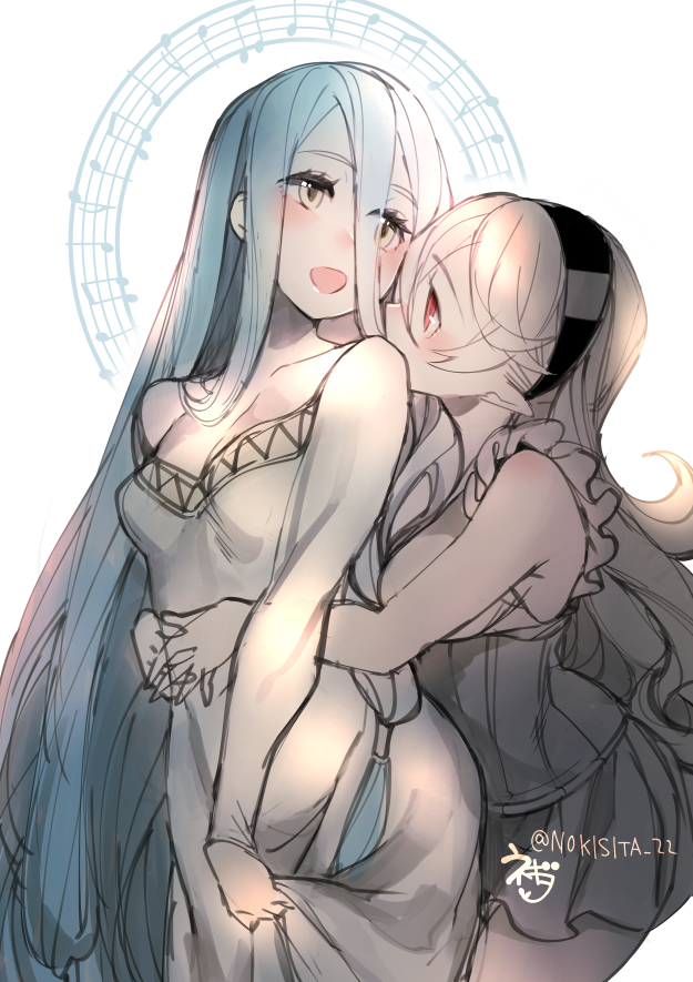 2girls aqua_(fire_emblem_if) blue_hair blush breasts cleavage female_my_unit_(fire_emblem_if) fire_emblem fire_emblem_if hairband hug hug_from_behind long_hair multiple_girls musical_note my_unit_(fire_emblem_if) negiwo pointy_ears simple_background very_long_hair