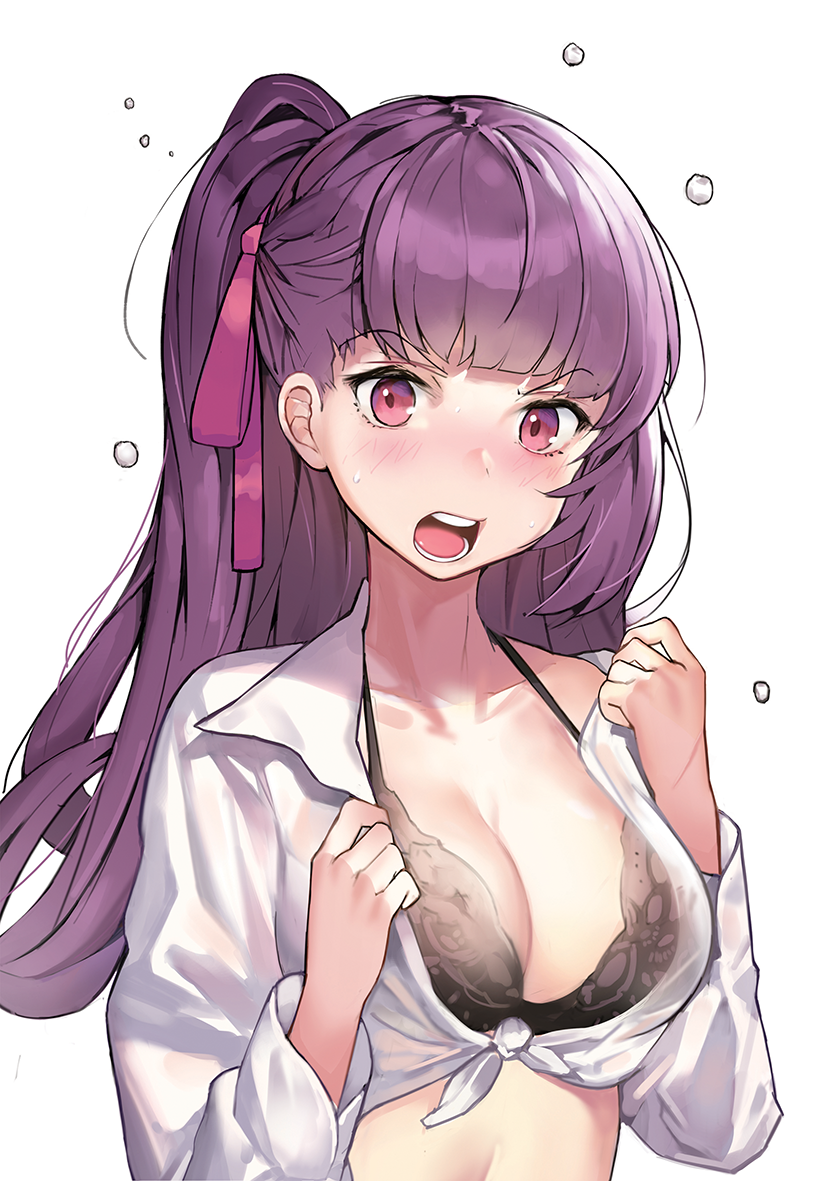 1girl bangs black_bra blunt_bangs blush bra breasts cleavage collarbone collared_shirt embarrassed eto_(nistavilo2) eyebrows_visible_through_hair girls_frontline hair_ribbon large_breasts long_hair long_sleeves looking_at_viewer nose_blush open_clothes open_shirt pink_eyes pink_ribbon ponytail purple_hair revision ribbon shirt simple_background solo teeth twitter_username underwear upper_body upper_teeth v-shaped_eyebrows wa2000_(girls_frontline) white_background white_shirt