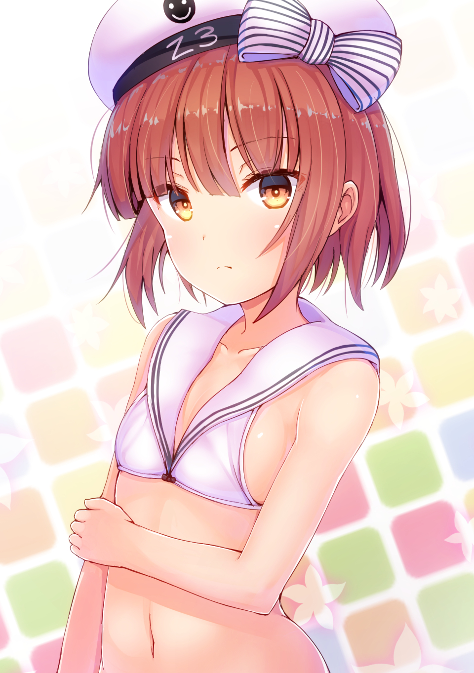 1girl bangs bare_shoulders bikini blunt_bangs blush bow bright_pupils brown_eyes character_name closed_mouth clothes_writing clouds collarbone expressive_clothes eyebrows_visible_through_hair gradient gradient_background hand_on_own_arm hat hat_bow highres kantai_collection looking_at_viewer minarai_shachou multicolored multicolored_background multicolored_eyes navel orange_eyes sailor_bikini sailor_collar sailor_hat shiny shiny_hair shiny_skin short_hair solo stomach striped striped_bow swimsuit upper_body white_bikini white_hat white_sailor_collar yellow_eyes z3_max_schultz_(kantai_collection)
