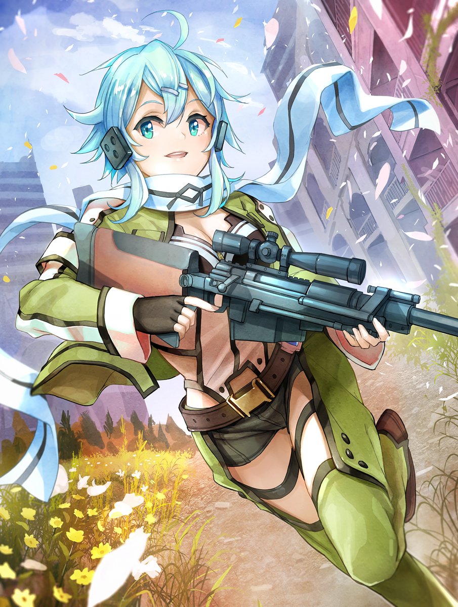 1girl anti-materiel_rifle aqua_eyes aqua_hair black_shorts breasts cleavage commentary_request day dutch_angle eyebrows_visible_through_hair fingerless_gloves flower gloves grass green_jacket gun hair_between_eyes hair_ornament hairclip highres holding holding_gun holding_weapon jacket long_sleeves medium_breasts nisimy open_mouth outdoors pgm_hecate_ii rifle ruins running scarf shinon_(sao) shiny shiny_hair short_hair short_hair_with_long_locks short_shorts shorts sniper_rifle solo sword_art_online teeth trigger_discipline weapon