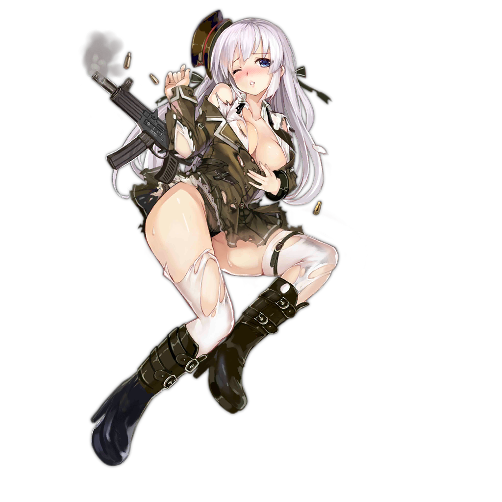1girl artist_request blue_eyes blush boots breasts cleavage full_body girls_frontline gun hair_ribbon hat high_heel_boots high_heels long_hair looking_at_viewer looking_away military military_uniform official_art ots-39 ots-39_(girls_frontline) panties ribbon shirt silver_hair skirt submachine_gun thigh-highs thigh_strap torn_clothes torn_shirt torn_skirt torn_thighhighs transparent_background underwear uniform weapon