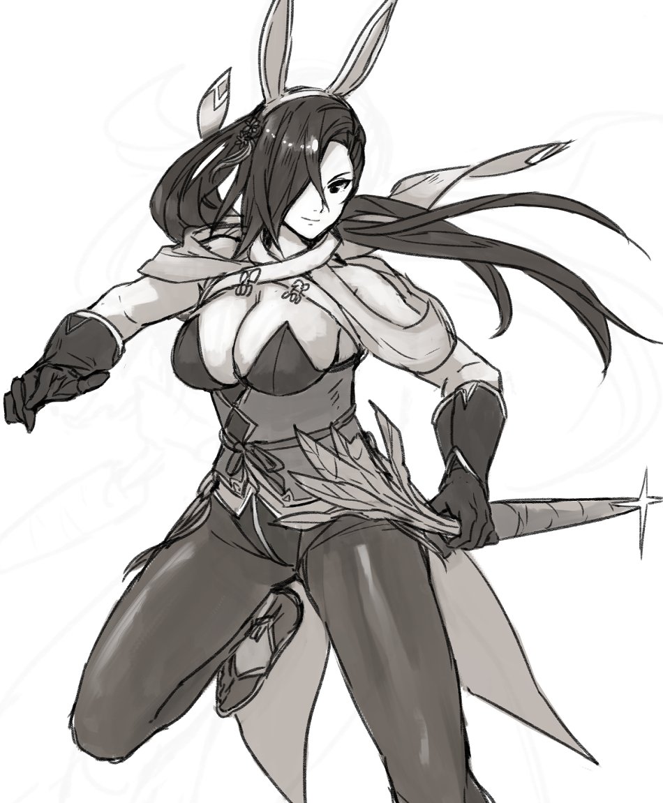 1girl alternate_costume animal_ears breasts carrot cleavage fake_animal_ears fire_emblem fire_emblem_heroes fire_emblem_if gloves greyscale hair_over_one_eye kagerou_(fire_emblem_if) kamu_(kamuuei) large_breasts leotard long_hair monochrome pantyhose rabbit_ears simple_background solo white_background