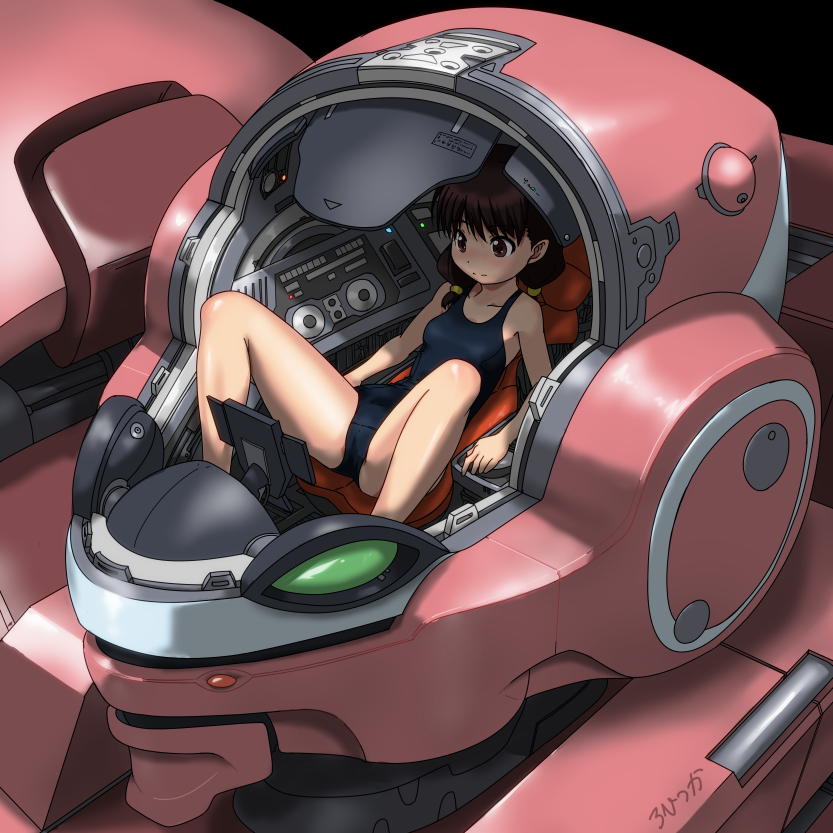 1girl bangs bare_legs bare_shoulders black_background black_swimsuit blush brown_eyes brown_hair closed_mouth cockpit eyebrows_visible_through_hair hair_tie knees_up light light_smile long_hair low_twintails lying mecha nose_blush on_back one-piece_swimsuit original rohitsuka school_swimsuit seat signature simple_background solo spread_legs swimsuit tareme twintails