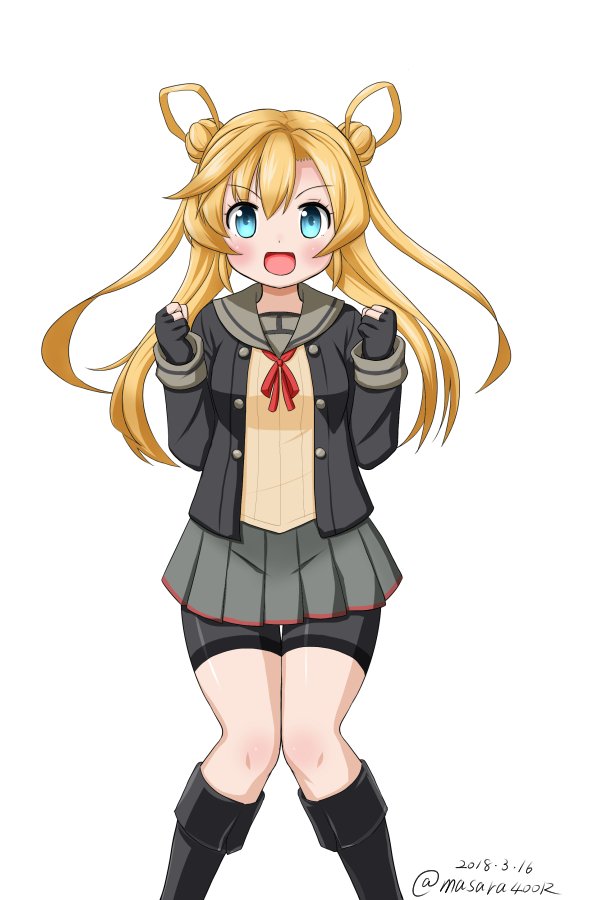 &gt;:d 1girl abukuma_(kantai_collection) bike_shorts black_gloves black_jacket blonde_hair blue_eyes commentary_request dated double_bun feet_out_of_frame gloves grey_sailor_collar grey_skirt hair_between_eyes hair_rings jacket kantai_collection knees_together long_hair looking_at_viewer masara_(masalucky2010) neck_ribbon open_mouth partly_fingerless_gloves red_ribbon remodel_(kantai_collection) ribbon sailor_collar school_uniform serafuku shorts_under_skirt simple_background skirt smile solo twitter_username white_background