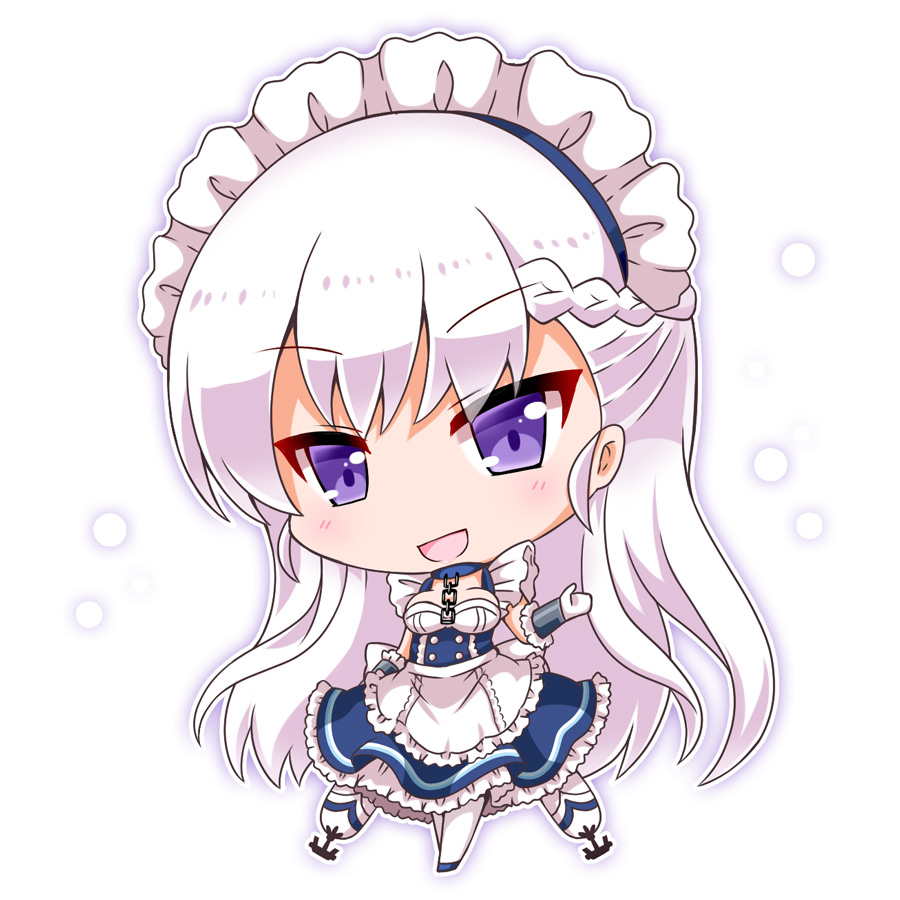 1girl :d apron azur_lane bangs belfast_(azur_lane) blue_dress blue_footwear blush braid chibi commentary_request dress elbow_gloves eyebrows_visible_through_hair frilled_apron frilled_dress frills full_body gloves head_tilt long_hair looking_at_viewer maid maid_headdress noai_nioshi open_mouth pantyhose silver_hair smile solo standing very_long_hair violet_eyes waist_apron white_apron white_background white_gloves white_legwear