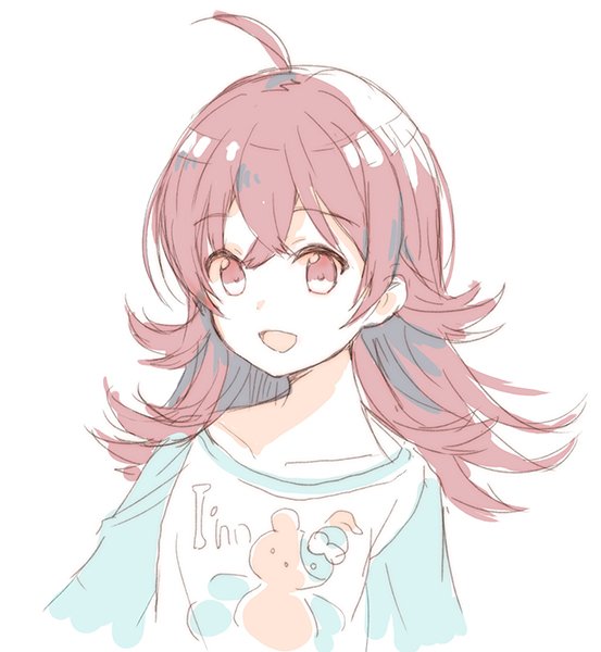 1girl :d ahoge bangs collarbone commentary_request copyright_request eyebrows_visible_through_hair hair_between_eyes long_hair meito_(maze) open_mouth print_shirt red_eyes redhead shirt simple_background smile solo tareme upper_body white_background white_shirt