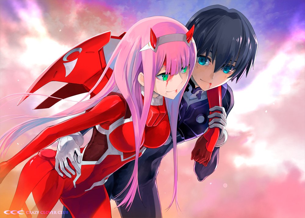 1boy 1girl aqua_eyes bangs black_hair blood blood_on_face bodysuit breasts darling_in_the_franxx eyeshadow hairband hiro_(darling_in_the_franxx) horns long_hair looking_at_another makeup medium_breasts pilot_suit pink_hair red_bodysuit shirotsumekusa straight_hair white_hairband zero_two_(darling_in_the_franxx)