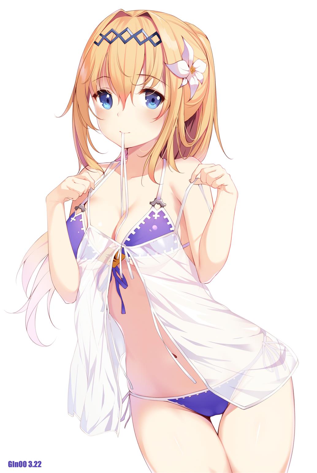 1girl artist_name babydoll bangs bare_arms bare_shoulders bikini black_hairband blonde_hair blue_eyes blush breasts cleavage collarbone contrapposto eyebrows_visible_through_hair flower front-tie_bikini front-tie_top gin00 granblue_fantasy hair_flower hair_intakes hair_ornament hairband highres jeanne_d'arc_(granblue_fantasy) leaning_to_the_side long_hair medium_breasts mouth_hold navel ponytail purple_bikini purple_ribbon ribbon see-through side-tie_bikini simple_background solo standing stomach strap_pull swimsuit tareme thigh_gap under_boob white_background white_ribbon