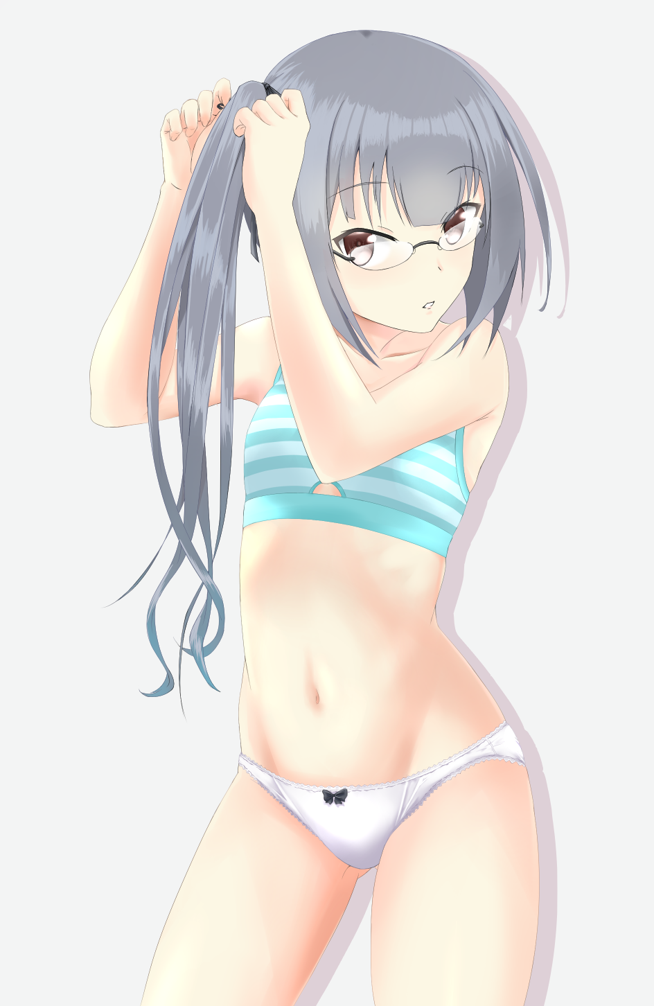 1girl adjusting_hair bangs bow bow_panties bra breasts brown_eyes commentary_request cowboy_shot eyebrows_visible_through_hair glasses gluteal_fold green_bra grey_background grey_hair hair_ribbon highres kantai_collection kasumi_(kantai_collection) kumatama_tkm lace lace-trimmed_panties long_hair looking_at_viewer navel panties parted_lips ribbon rimless_eyewear shadow side_ponytail silver_hair small_breasts solo striped striped_bra training_bra underwear underwear_only white_panties