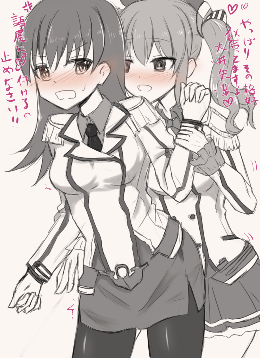 2girls alternate_costume beret blush boutora_(barusudemegaitai) cosplay gloves greyscale hat heart kantai_collection kashima_(kantai_collection) katori_(kantai_collection) katori_(kantai_collection)_(cosplay) long_sleeves looking_at_another monochrome multiple_girls ooi_(kantai_collection) open_mouth pantyhose skirt spot_color sweat translation_request wrist_grab yuri