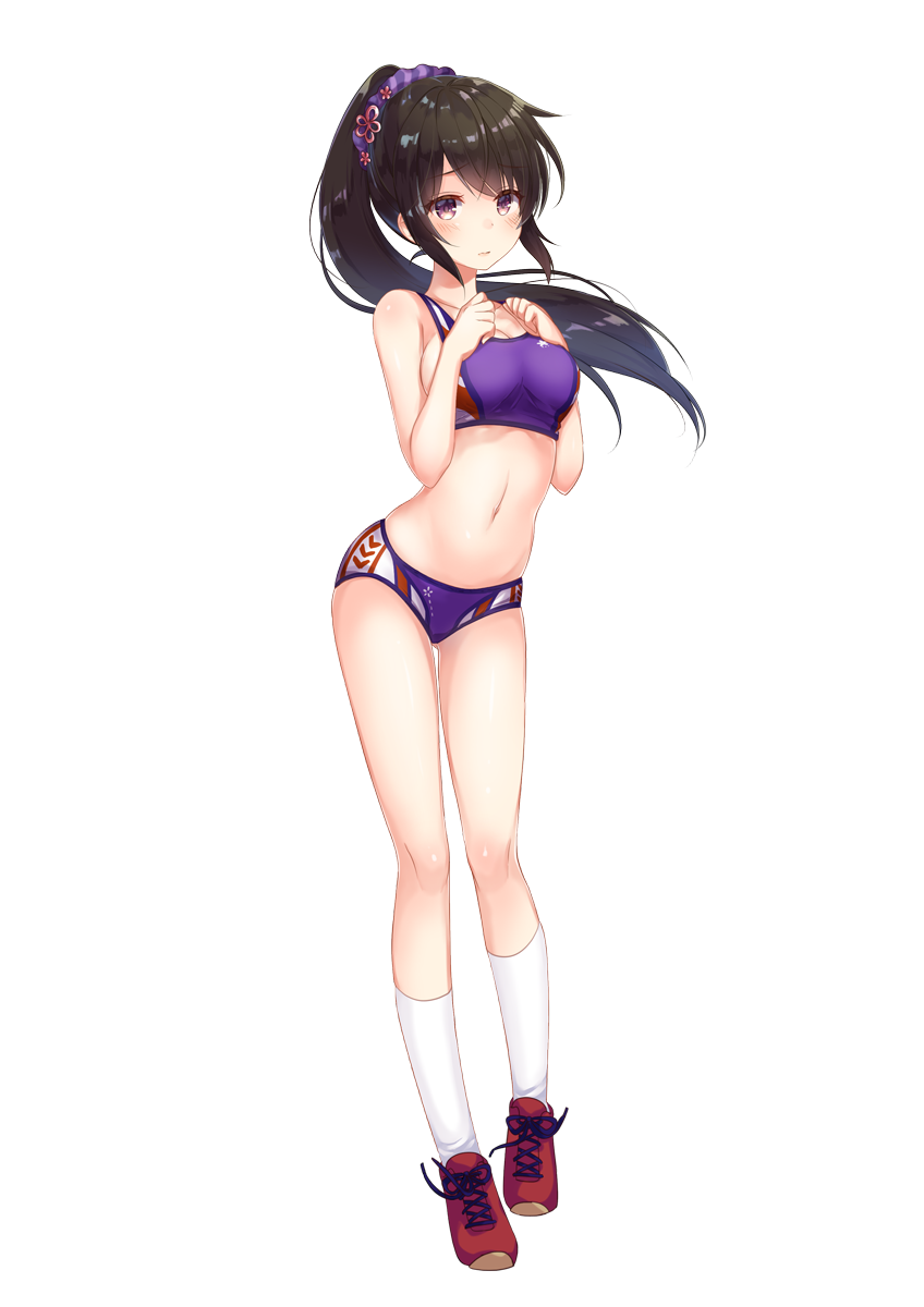 1girl badminton_girls bangs black_hair blush breasts buruma closed_mouth eyebrows_visible_through_hair floating_hair gomano_rio hair_ornament hair_scrunchie hands_up highres kneehighs long_hair looking_at_viewer medium_breasts navel official_art ponytail scrunchie shoes sidelocks simple_background smile sneakers solo sports_bikini sports_bra violet_eyes white_background white_legwear