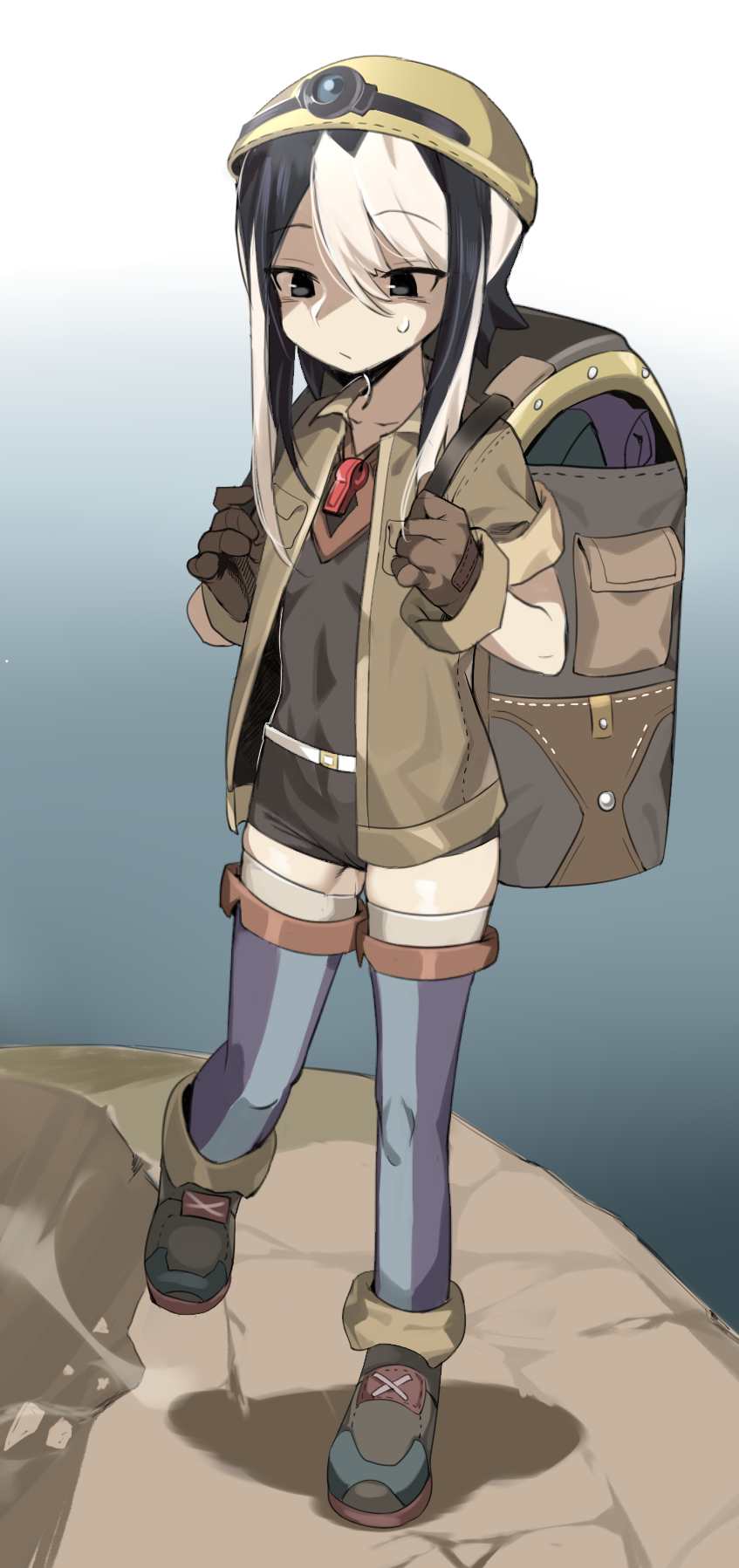 1girl :/ backpack bag black_eyes black_hair boots commentary_request eyebrows_visible_through_hair gloves hair_between_eyes highres korean_commentary made_in_abyss multicolored_hair ozen solo streaked_hair sweatdrop two-tone_hair urec whistle white_hair younger