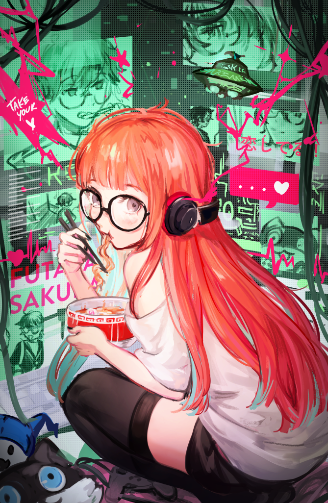 1girl amamiya_ren bangs bare_shoulders black-framed_eyewear blue_eyes blunt_bangs character_name chopsticks eating fish_cake food glasses headphones heart k_(sktchblg) long_hair looking_at_viewer morgana_(persona_5) noodles off-shoulder_shirt off_shoulder orange_hair persona persona_5 sakura_futaba shiny shiny_hair shirt squatting thigh-highs ufo white_shirt