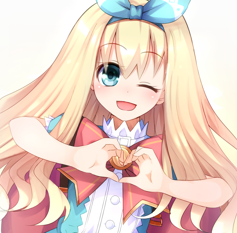 1girl blonde_hair blue_eyes blush bow doria_(5073726) fairy_fencer_f hair_ornament heart heart_hands long_hair looking_at_viewer one_eye_closed open_mouth rolo_(fairy_fencer_f) smile solo